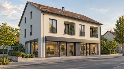 Illustration générée — immeuble mixte fictif, logements et rez-de-chaussée commercial