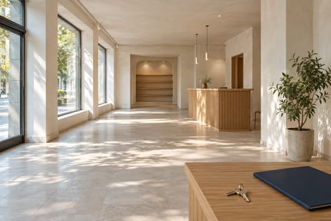 Local commercial fictif, lumineux et prêt pour une nouvelle activité.