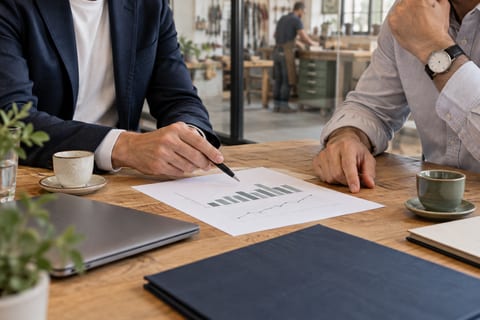 Scène fictive : deux professionnels examinent des chiffres autour de la table.